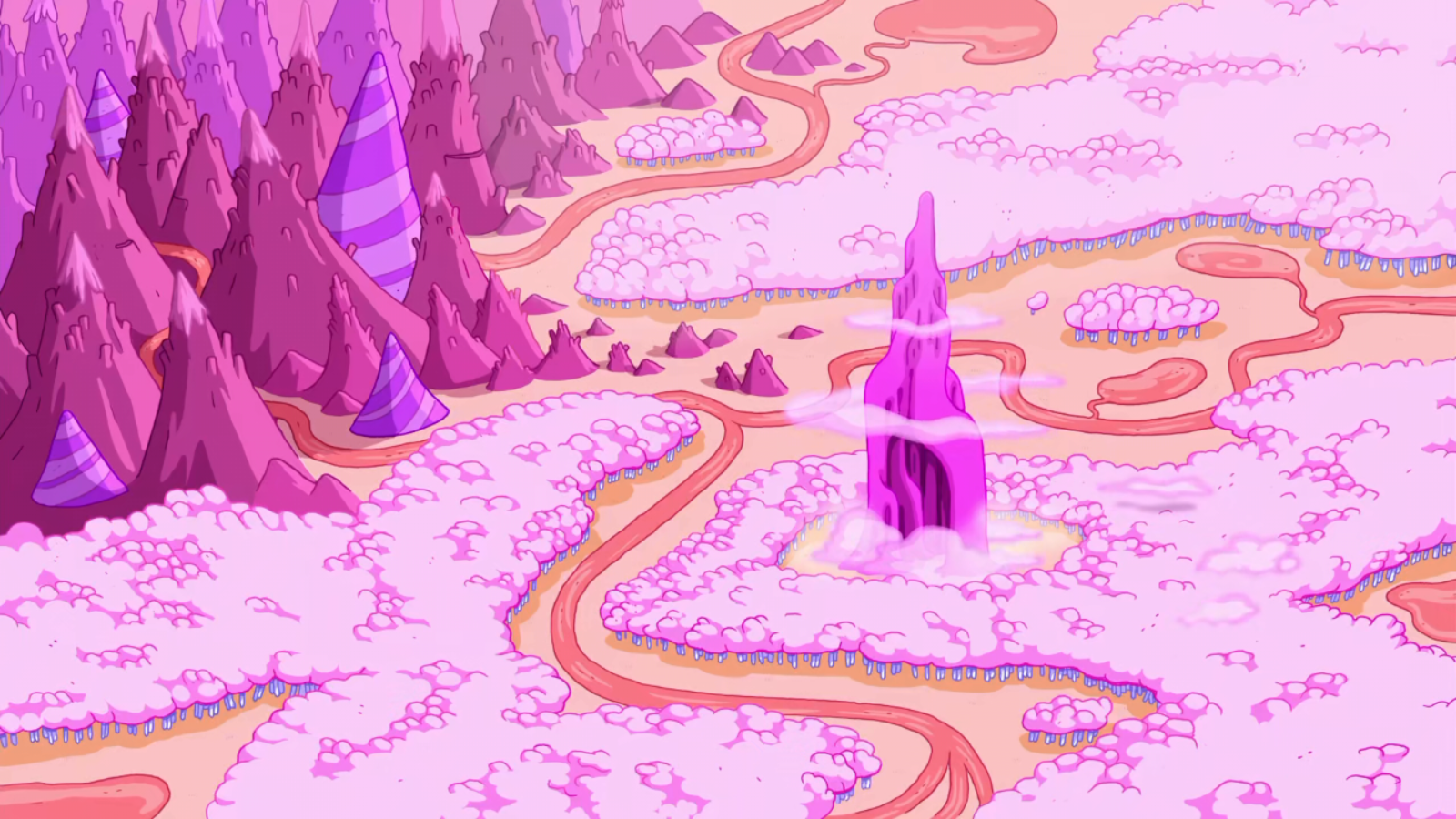 Scene from the TV show Adventure Time: sprawling pink candy landscape with winding roads, cloudlike patches, and a tall purple crystal tower.