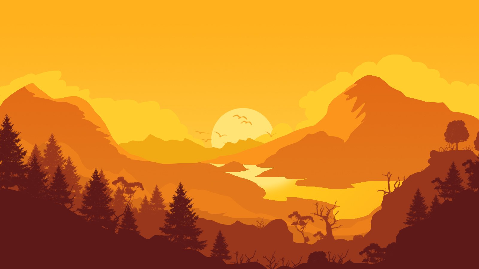Minimalist artistic nature scene: golden sunset over layered mountains, a winding river, silhouetted pines and a deer standing on a ridge.