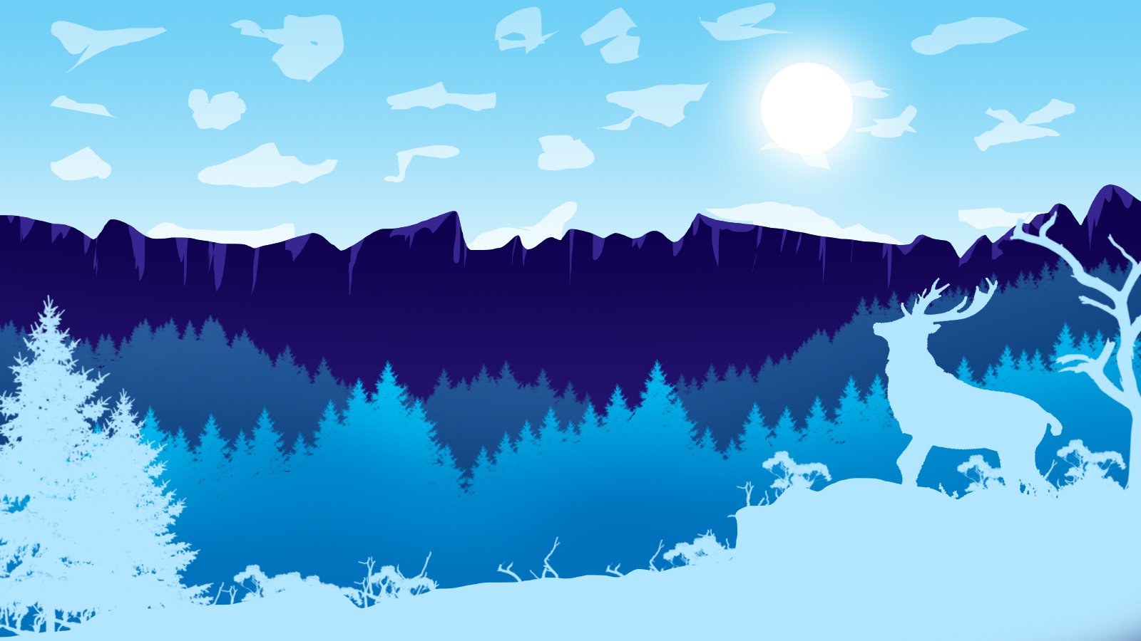 A minimalist blue winter scene featuring a deer standing near a tree against a forest and mountain backdrop under a bright sky.