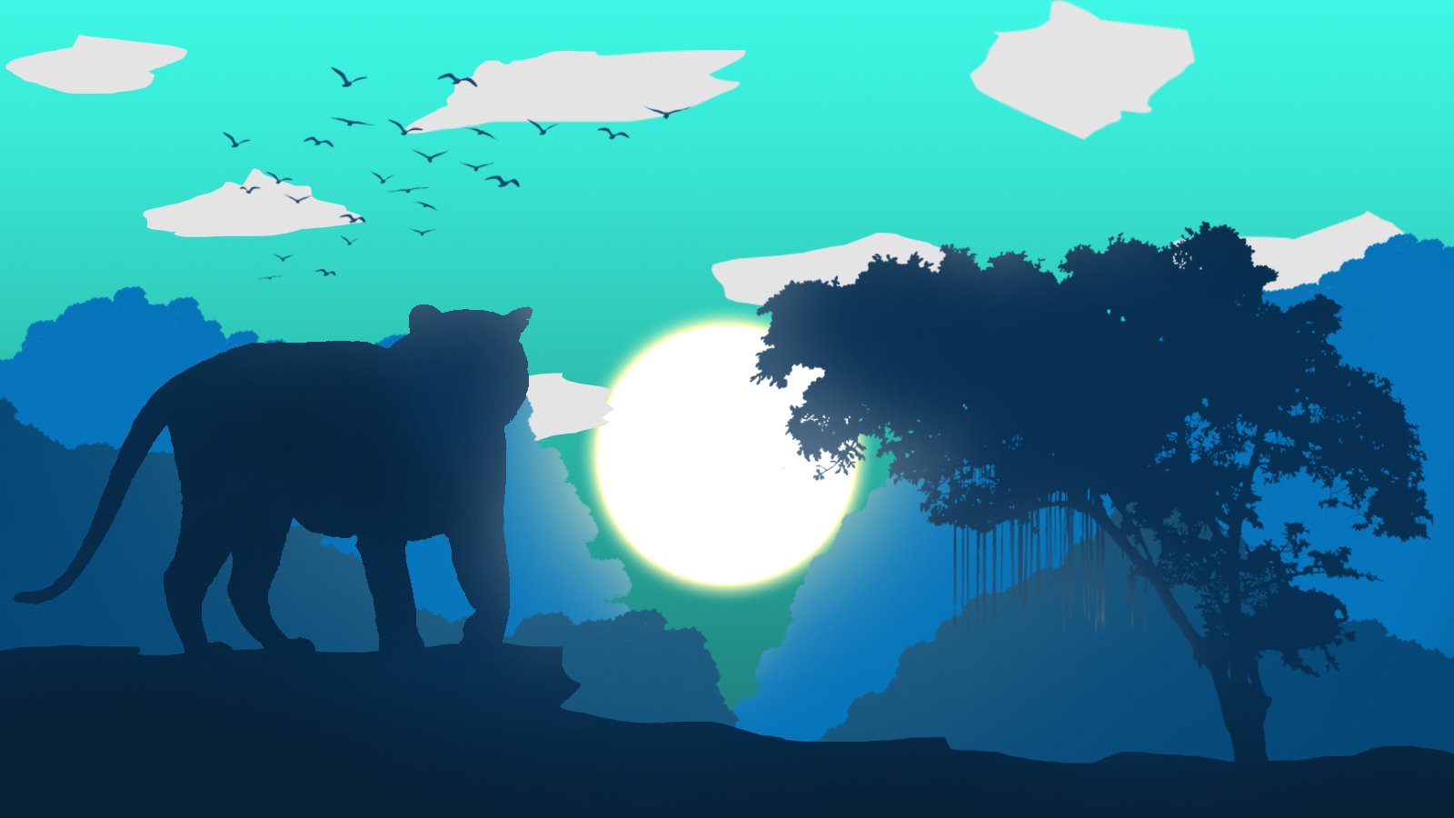 Minimalist nature scene showing a tiger silhouette (animal) on a ridge at sunrise, with trees, distant hills and birds against a teal sky.