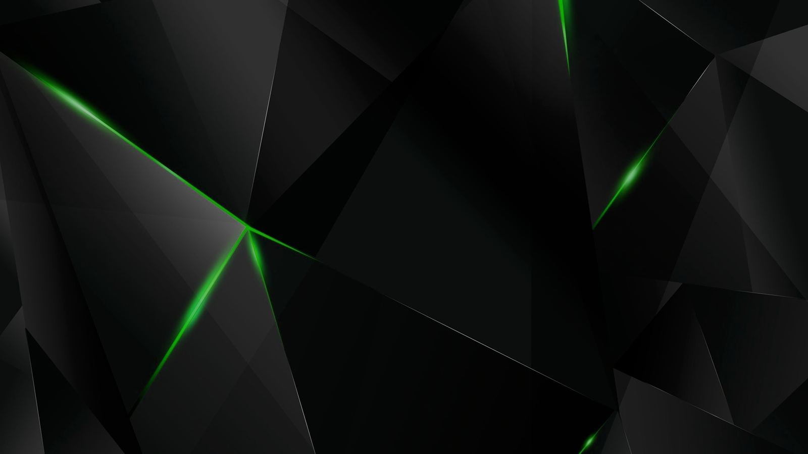 Abstract black geometric shapes with subtle green light accents create a sleek, modern composition in this abstract black design.