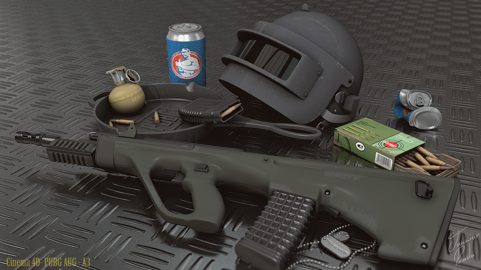 A detailed arrangement of game gear from Playerunknown's Battlegrounds, featuring a firearm, helmet, ammunition, a grenade, and a soda can, set against a textured background.