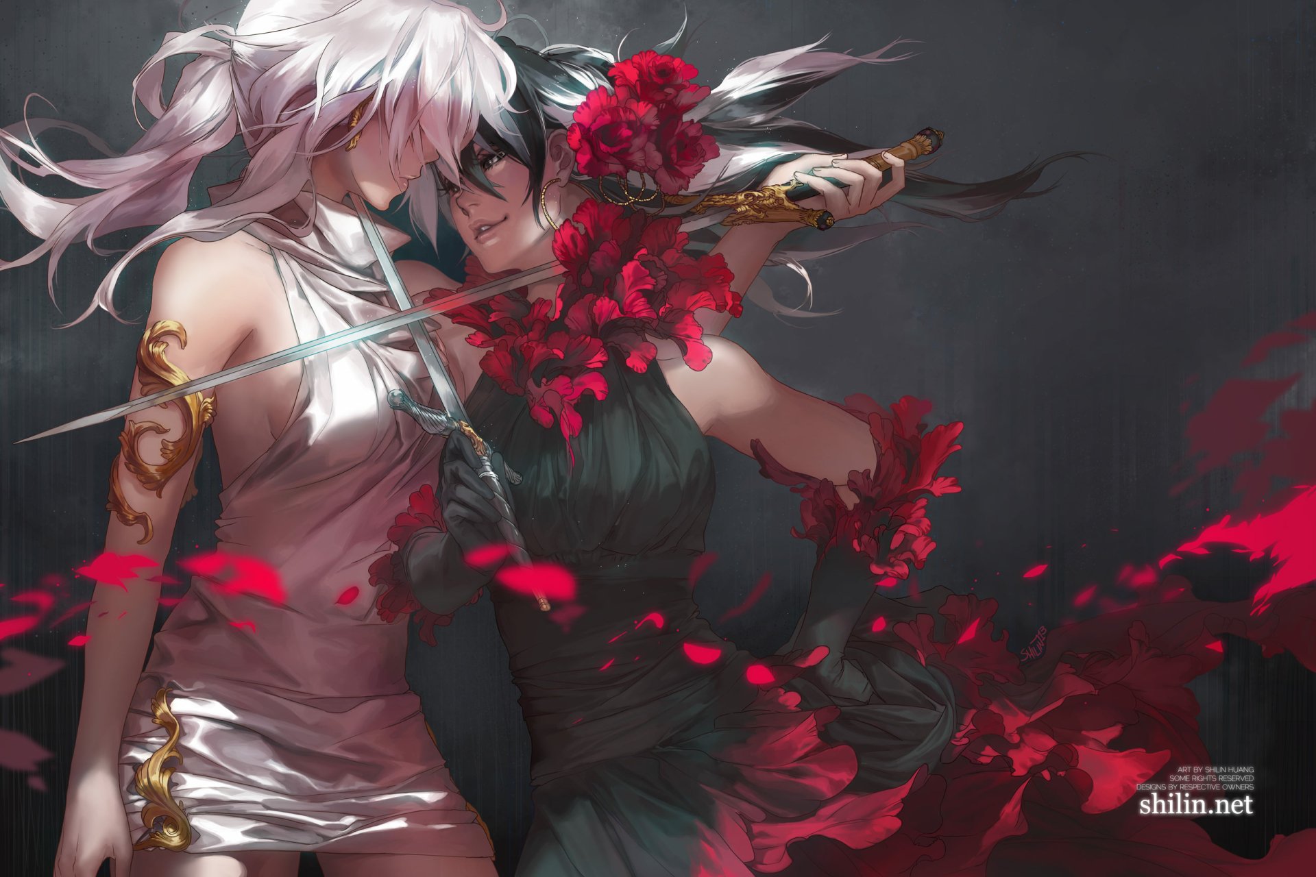 A captivating scene from the comic Blackbird (Carciphona), featuring two characters in a tense standoff, adorned with flowing hair and striking red roses amidst a dark backdrop.