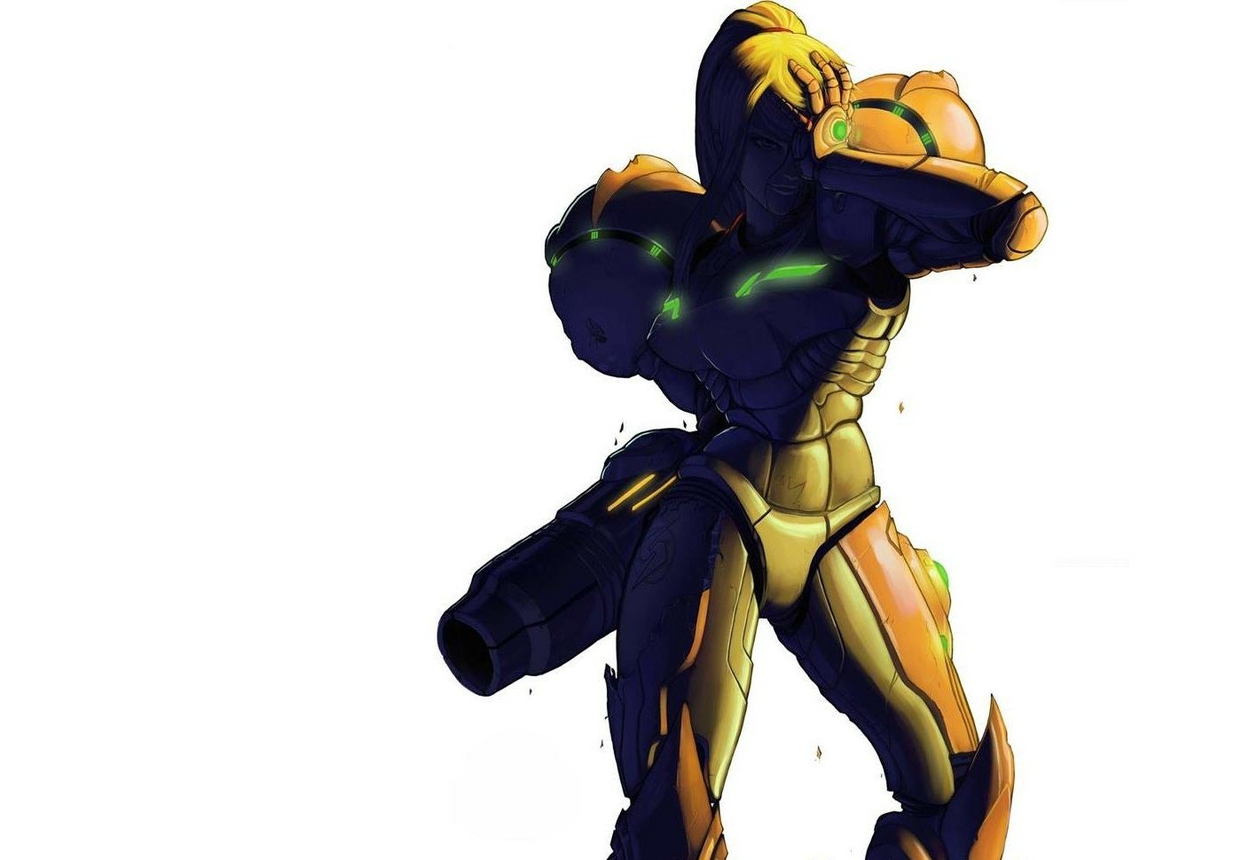 A character in a sleek, armored suit, holding a weapon, stands confidently, embodying the dynamic action of the Metroid video game series.