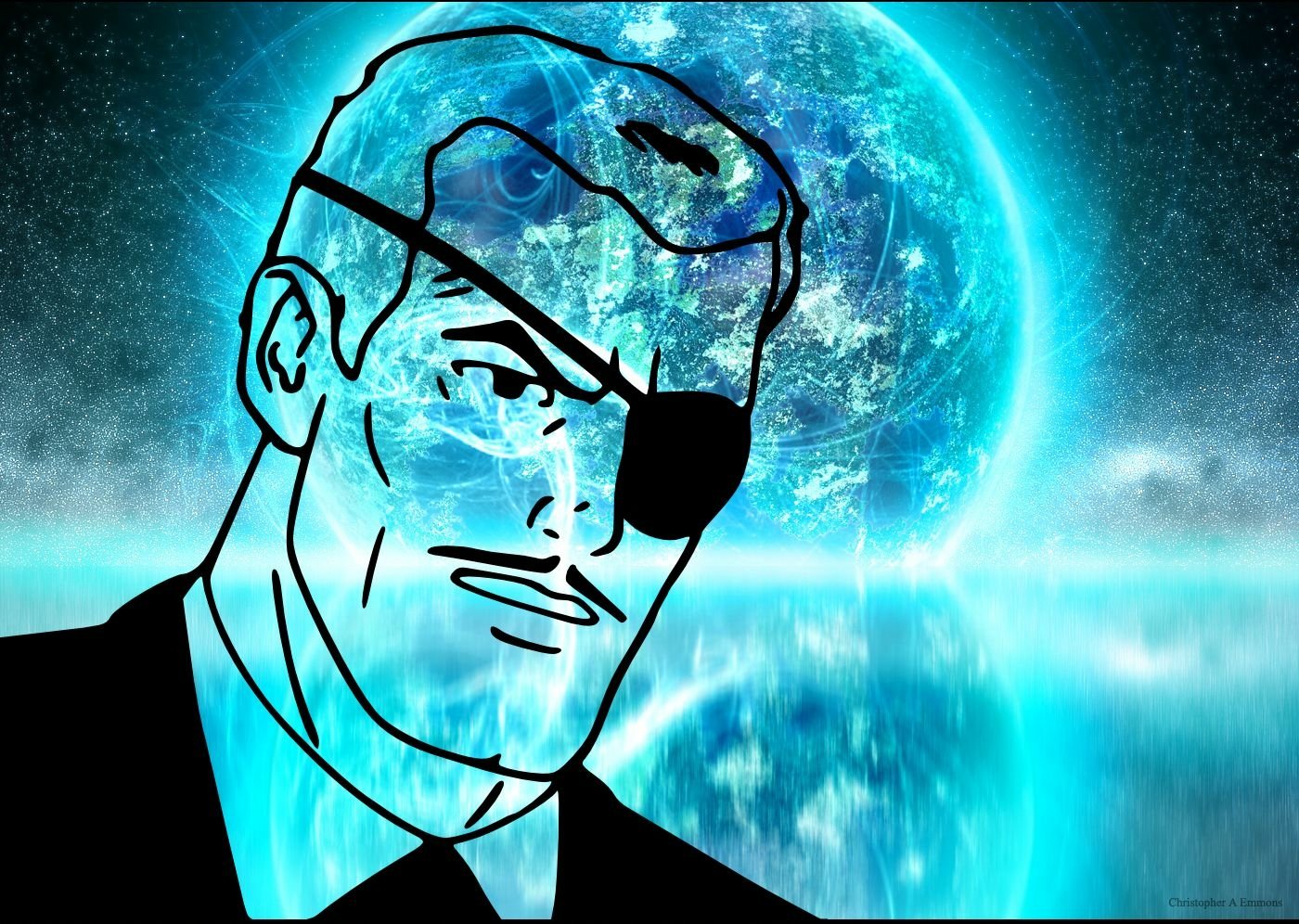 Eyepatch-faced illustrated character in a suit set against a glowing Earth backdrop, from the TV show Harvey Birdman: Attorney at Law.
