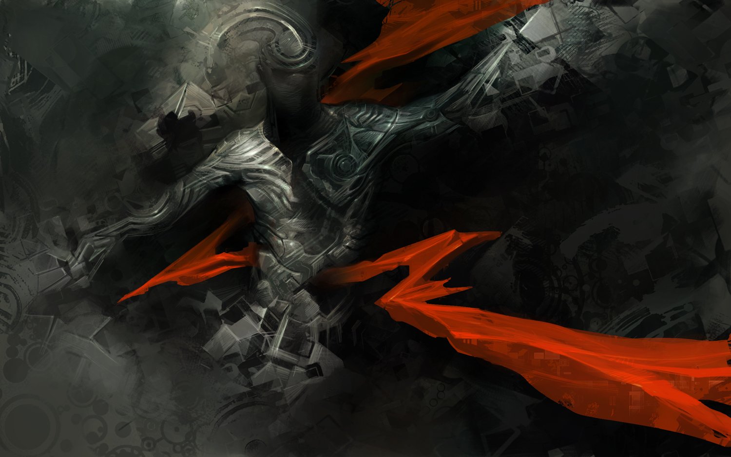 Dark, artistic depiction of a figure clad in armor with flowing red cloth, set against a shadowy, textured background evoking mystery and intensity.