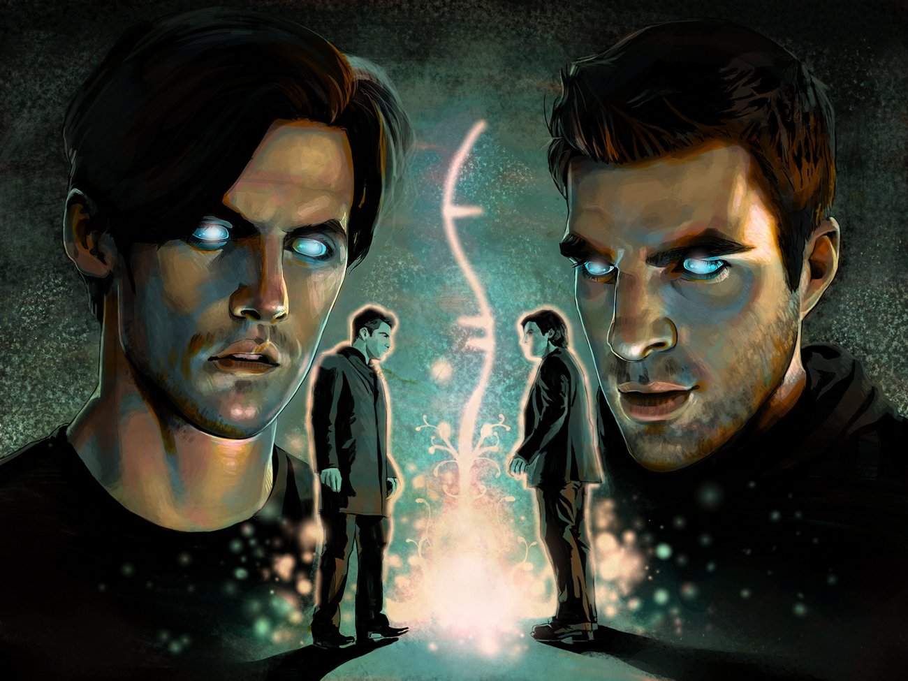 Dramatic digital artwork featuring characters from the TV show Heroes, with glowing eyes and intense expressions against a dark, mystical background.