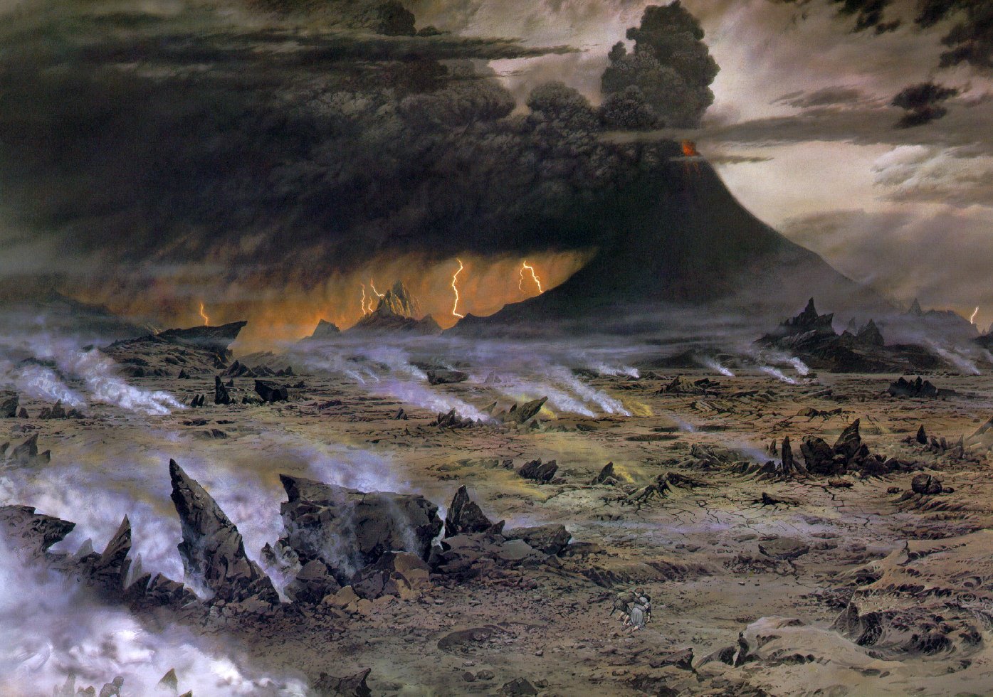A dramatic landscape of Mordor from The Lord of the Rings, featuring a dark, volcanic mountain under stormy skies, surrounded by jagged rocks and swirls of ominous smoke.