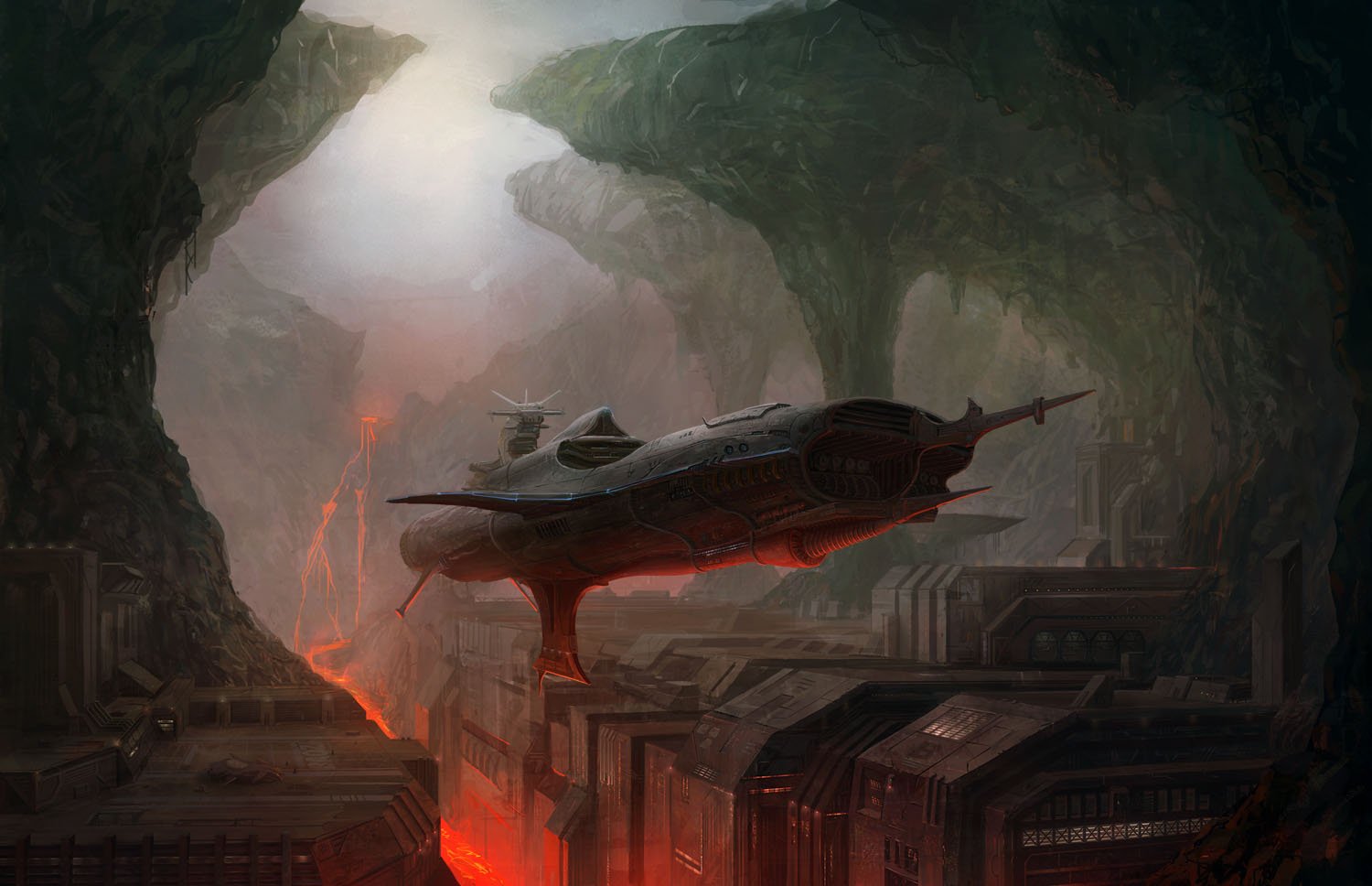 A sci-fi spaceship glides through a dramatic canyon landscape, surrounded by towering cliffs and glowing lava, hinting at an otherworldly adventure.