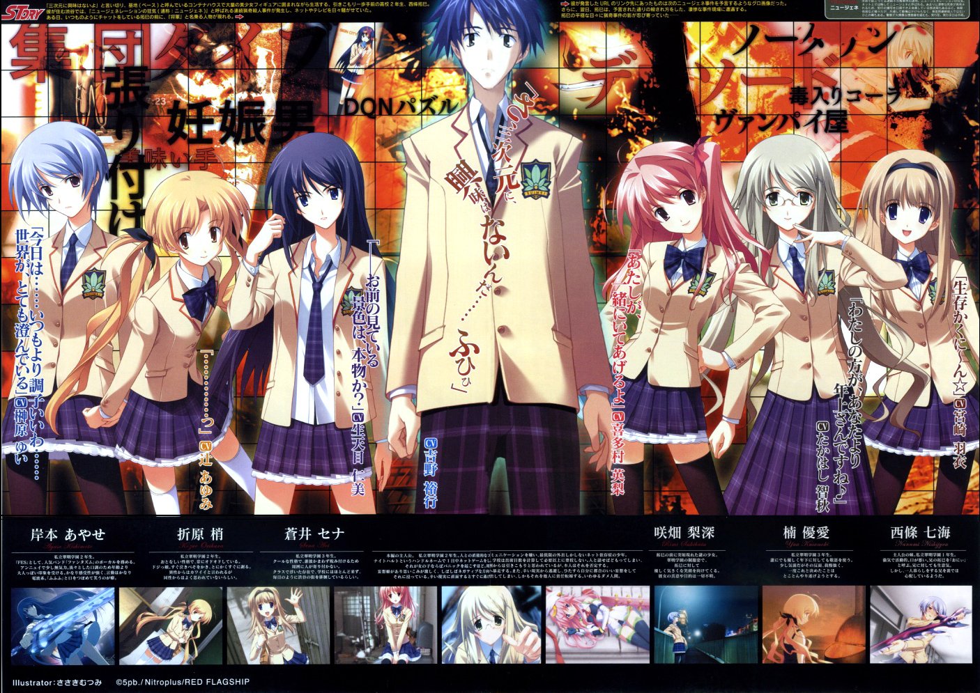 A vibrant cast of characters from the anime Chaos;Head stands in a dramatic urban setting, showcasing their unique styles and expressions against a backdrop of intriguing graffiti.