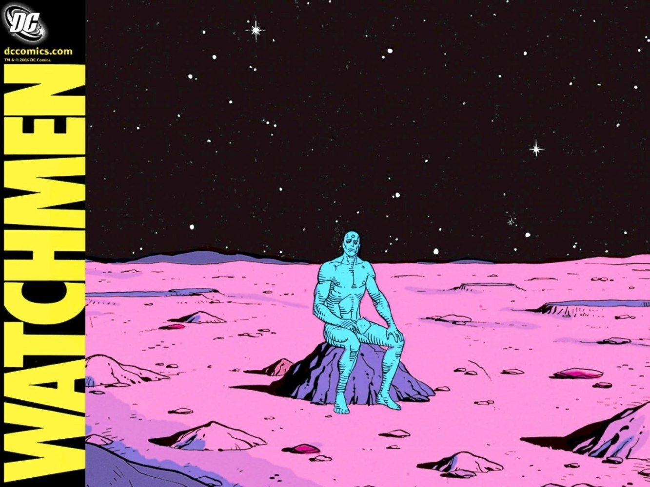 Doctor Manhattan sits alone on a pink, cratered alien landscape under a starry sky, featured on the cover of the Watchmen comic.