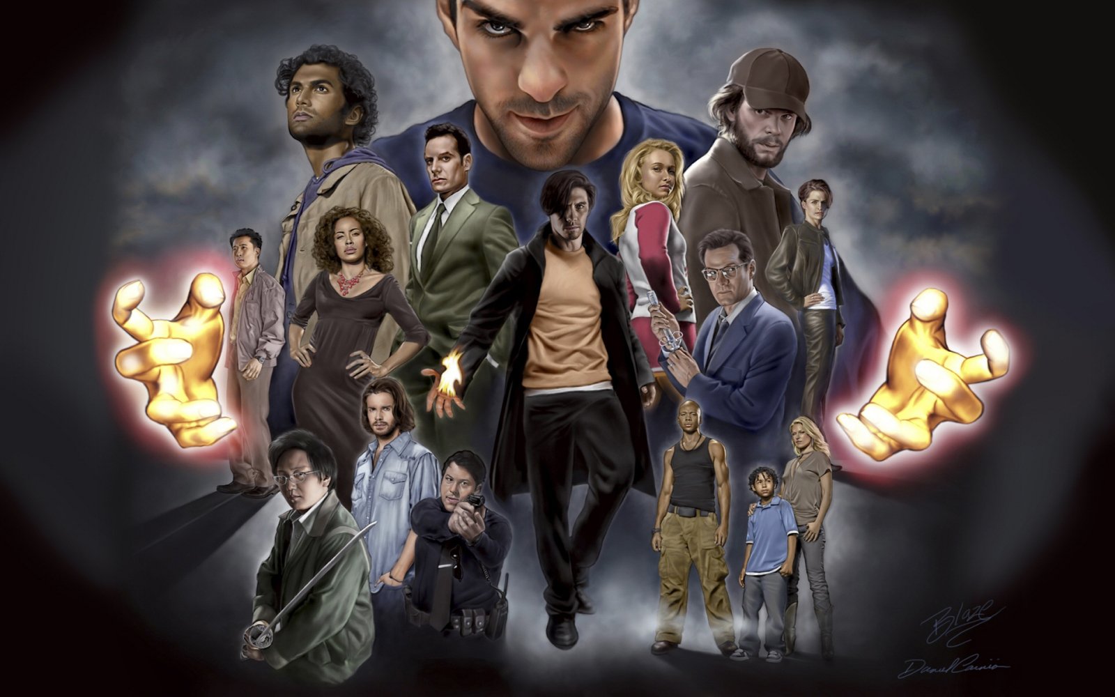 An artistic illustration of characters from the TV show Heroes, showcasing their powers and diverse backgrounds in a dynamic, engaging composition.