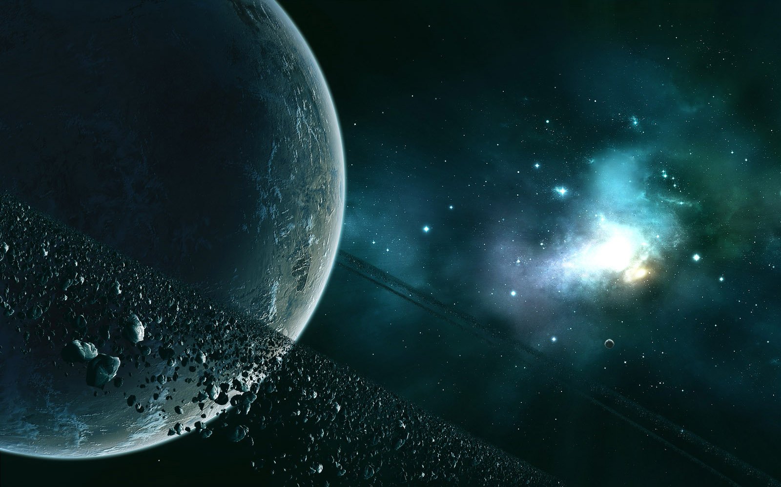 A stunning sci-fi scene featuring a massive planet surrounded by a dazzling planetary ring and a backdrop of colorful cosmic clouds and distant stars.