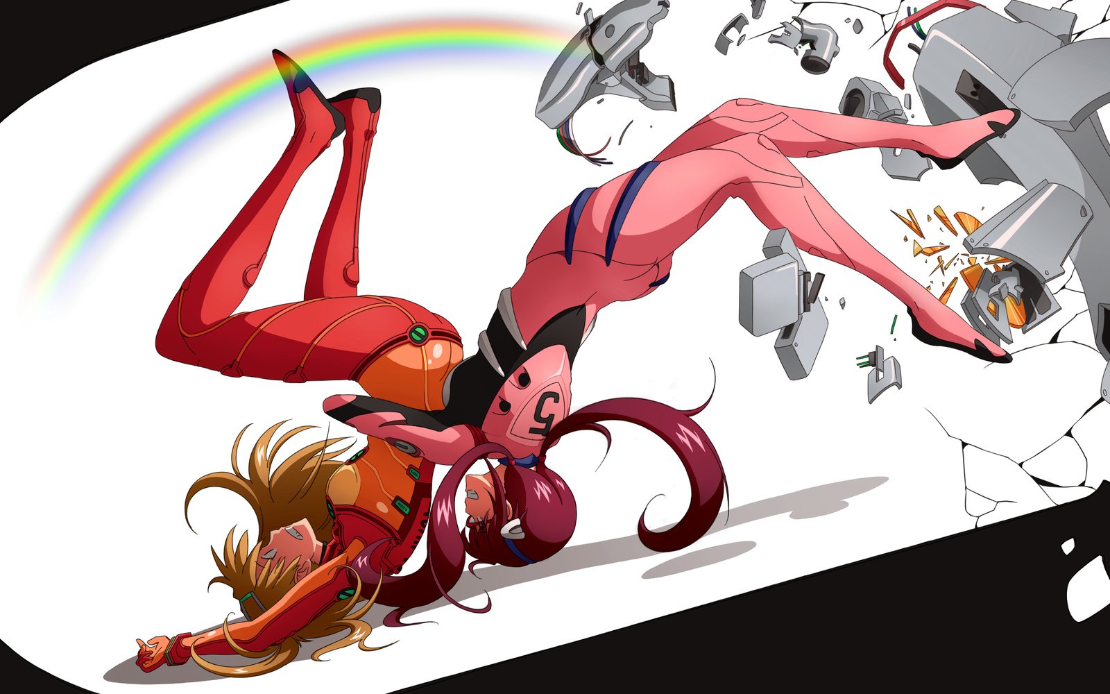 Asuka Langley Sohryu battles in a dynamic pose from *Evangelion: 2.0 You Can (Not) Advance*, surrounded by debris and a vibrant rainbow in the background.