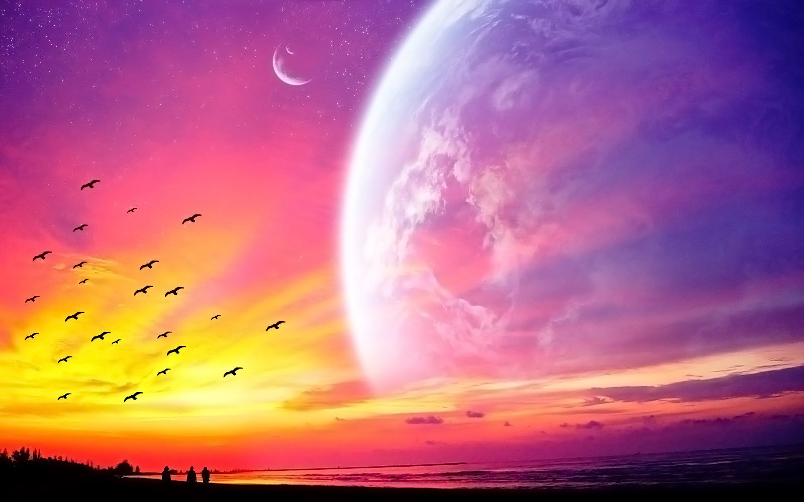 A breathtaking sunset paints the sky in vibrant hues as silhouettes of people walk along the shore, surrounded by a dreamy world with a distant planet and flying birds.