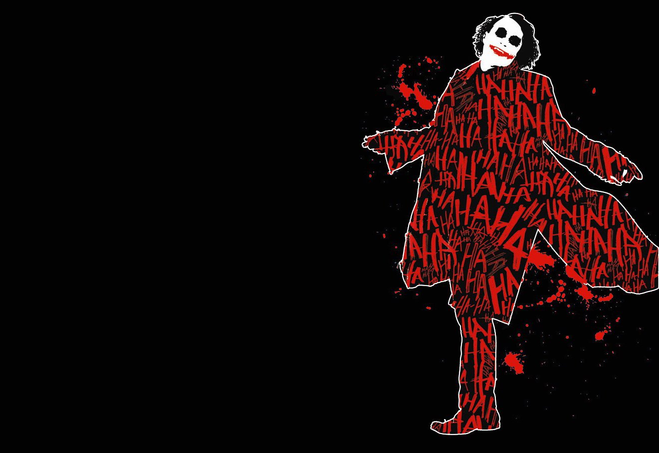 Red HA patterned silhouette of the Joker from The Dark Knight, grinning white face and outstretched arms against a black background with red splatter.