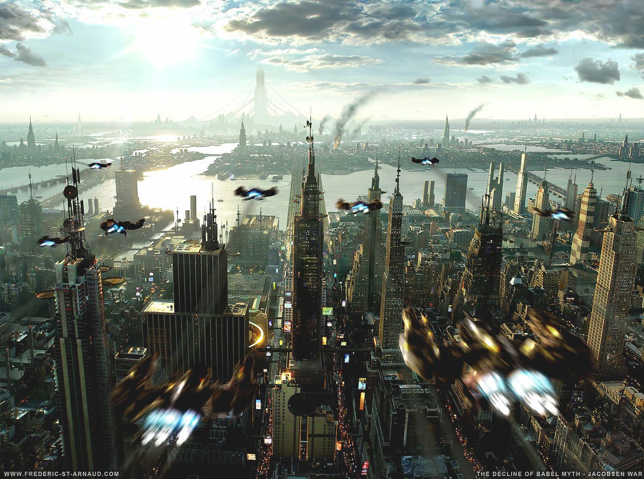 A futuristic New York skyline filled with towering skyscrapers, flying vehicles, and a dramatic sky, merging the themes of sci-fi and the essence of urban life.