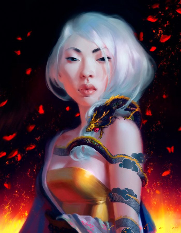 A striking fantasy portrait of a woman with short, white hair, adorned in a golden outfit, a serpent coiled around her shoulder, surrounded by red petals and a fiery background.