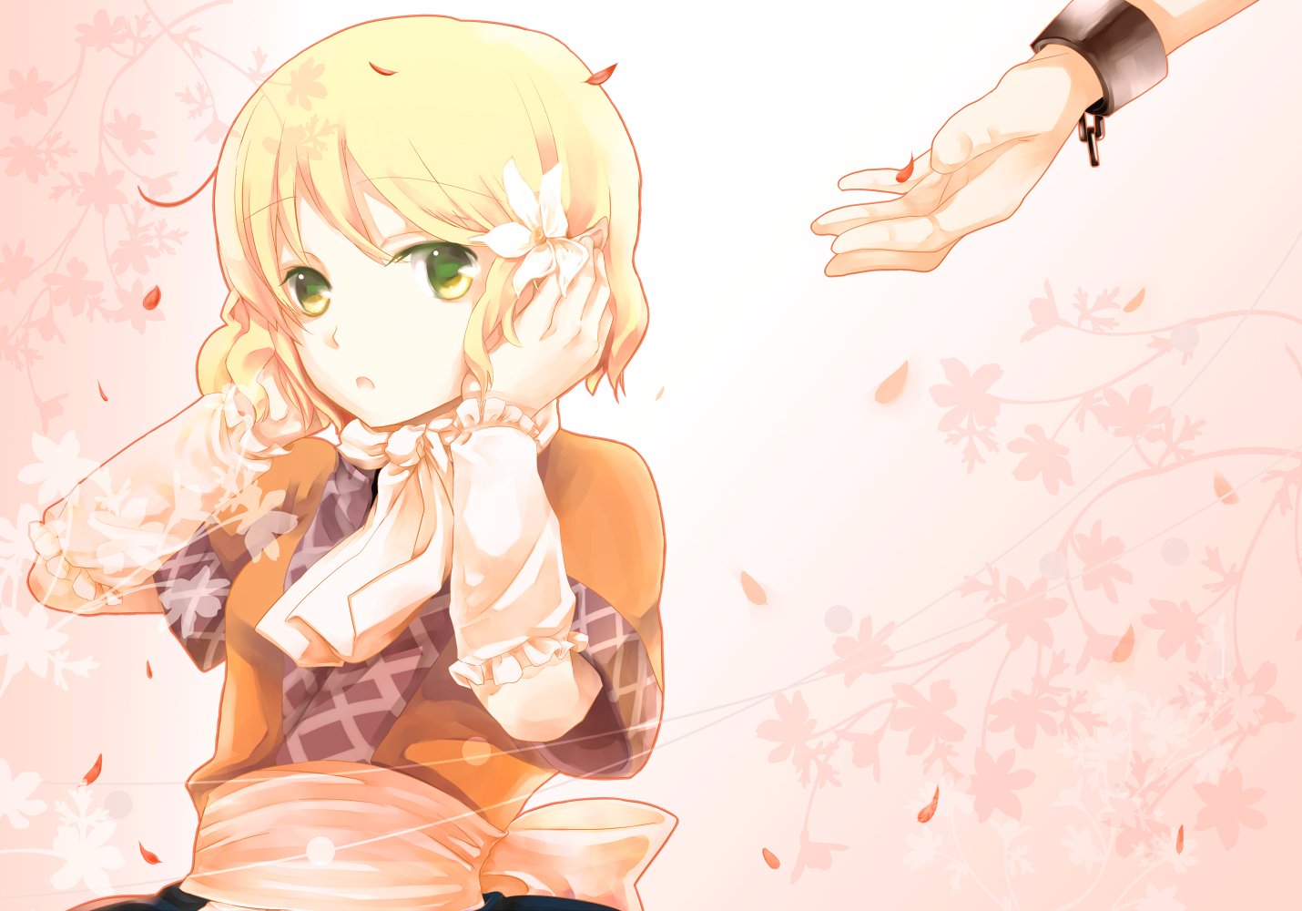 Parsee Mizuhashi from Touhou anime with green eyes and blonde hair adorned with a white flower, reaching toward an outstretched hand against a soft pink floral background.