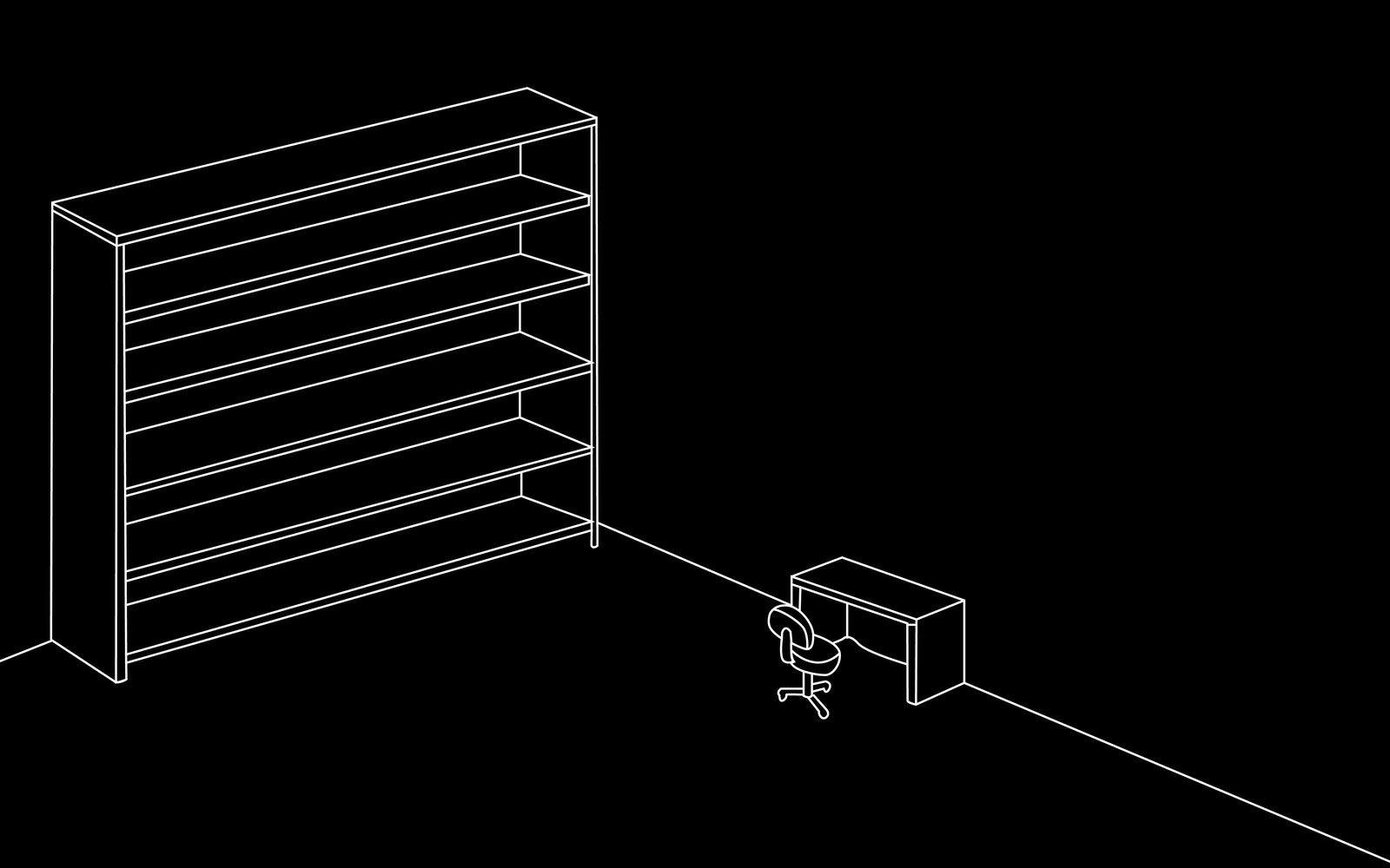 Artistic drawing of a minimalistic room with a large bookshelf and a desk accompanied by a chair, all outlined in white on a black background.