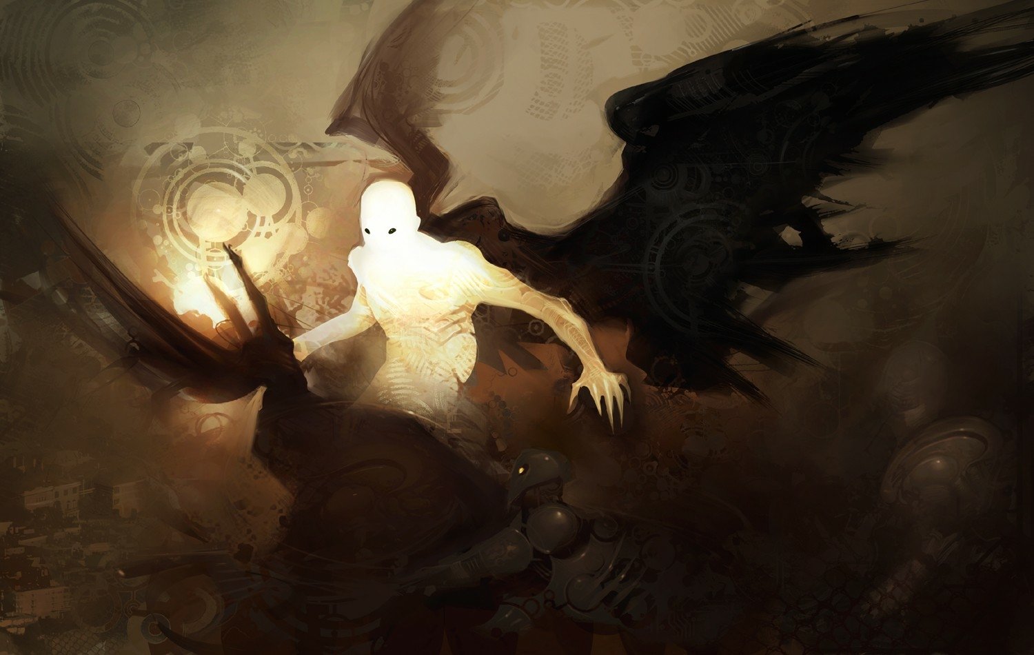 A glowing white figure with dark, shadowy wings emerges from a swirling, smoky background illuminated by a mysterious circular light.