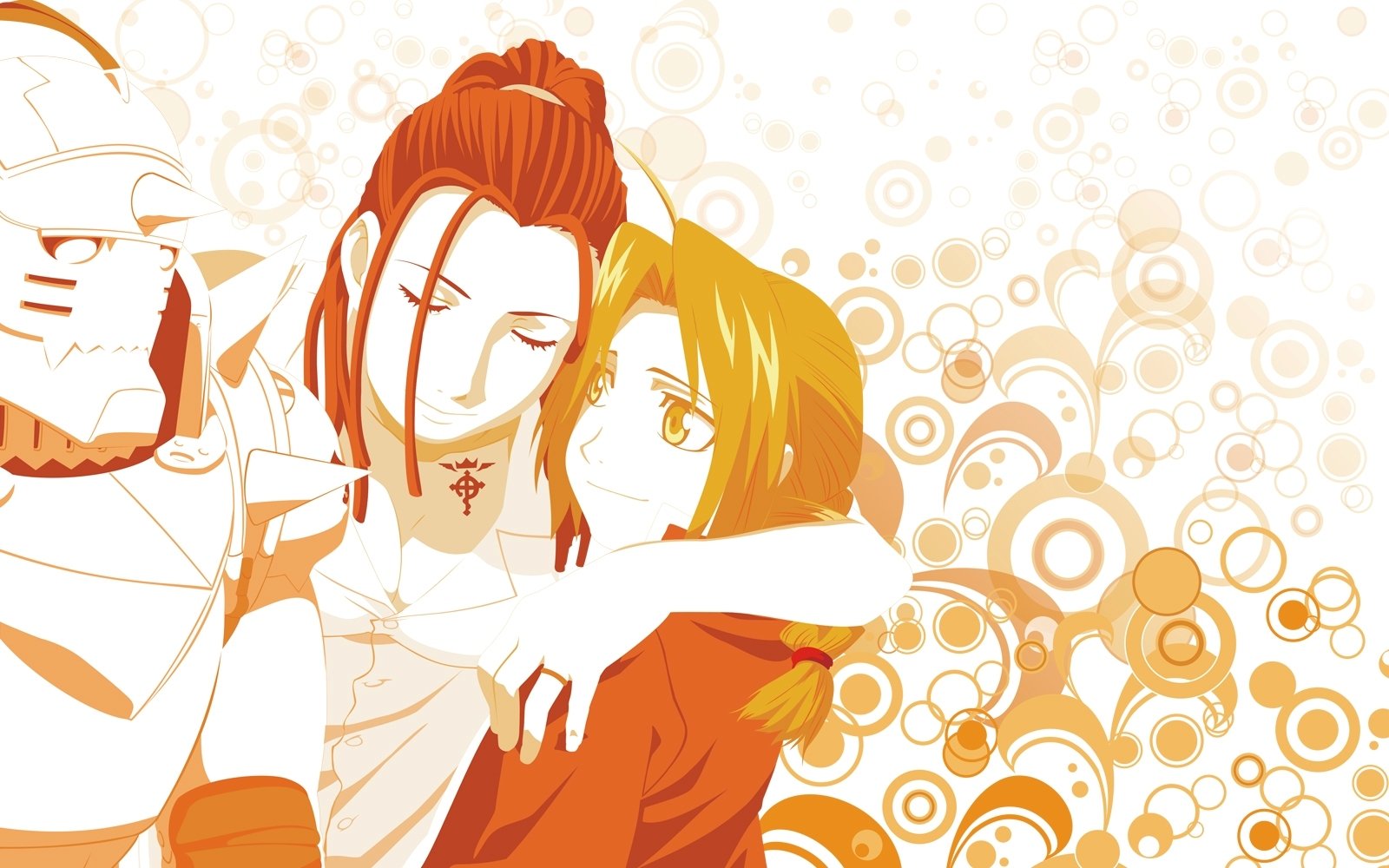 Izumi Curtis embraces Edward Elric, while Alphonse Elric stands beside them. The background features vibrant orange and circular patterns, creating a warm atmosphere.