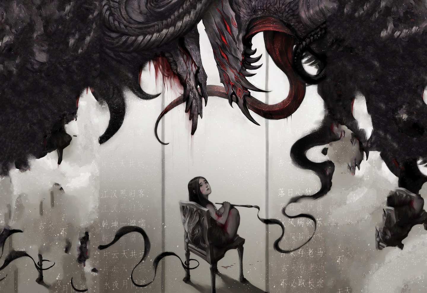A dark, artistic painting depicting a girl sitting on a chair, surrounded by a menacing demon with swirling shadows and eerie elements, creating a haunting atmosphere.
