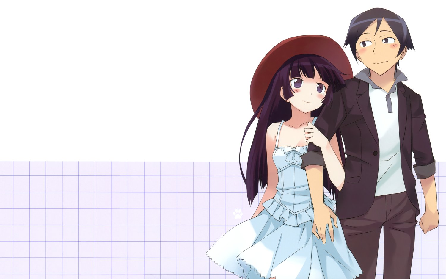Kyōsuke Kōsaka and Ruri Gokō from the anime Oreimo stand side by side, with Kyōsuke in a suit and Ruri wearing a white dress and red hat.
