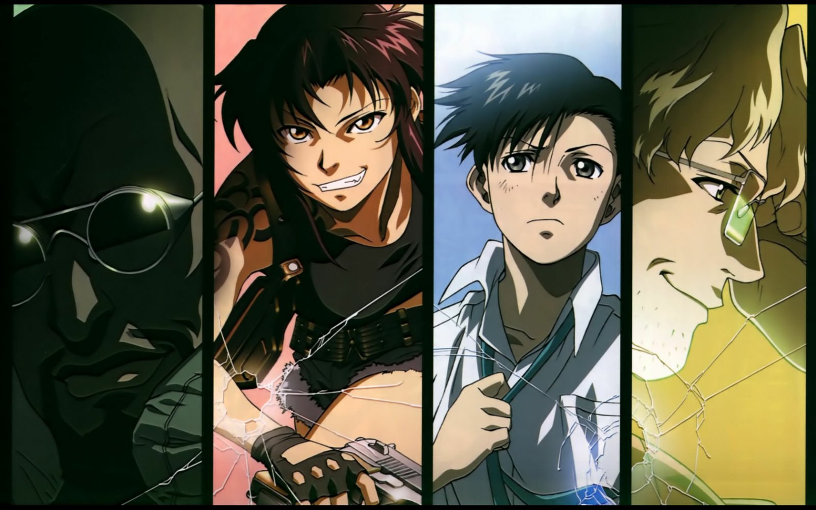A vibrant collage from the anime Black Lagoon, featuring characters Rokuro Okajima and Revy, showcasing their distinct styles and personalities against dynamic backgrounds.