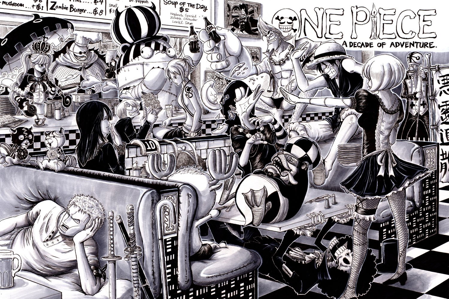 A dynamic black-and-white illustration featuring the iconic characters from One Piece: Luffy, Zoro, Nami, Usopp, Sanji, Robin, Franky, Brook, and Gekko Moriah in a lively scene.
