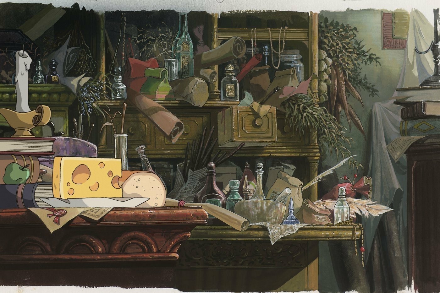 A cluttered, magical workspace filled with books, bottles, and various objects, inspired by the whimsical world of anime in Howl's Moving Castle. 