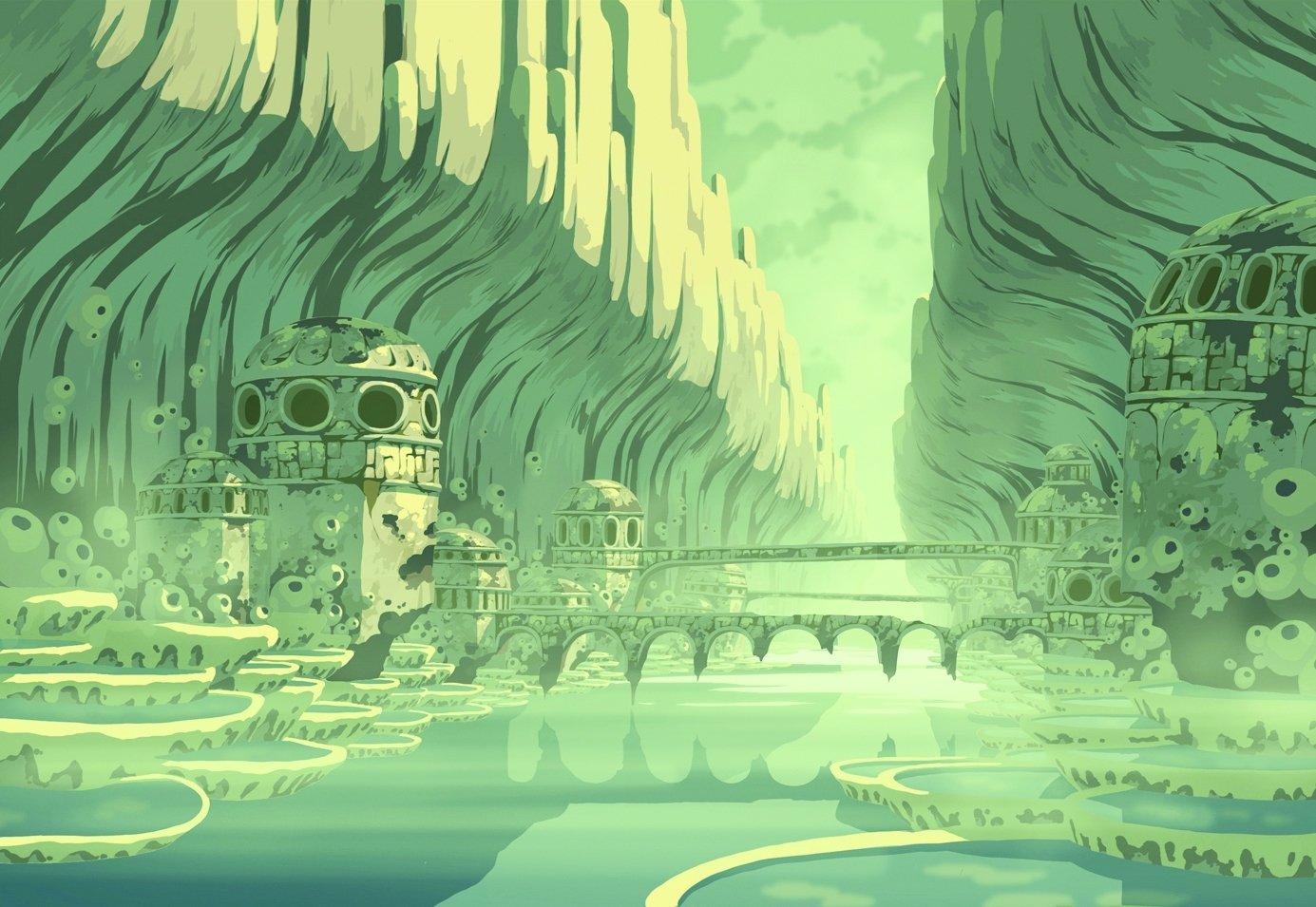 Anime scene from Ōban Star-Racers: a green, cavernous valley with layered cliffs, domed futuristic buildings and a bridge spanning misty, reflective waters.