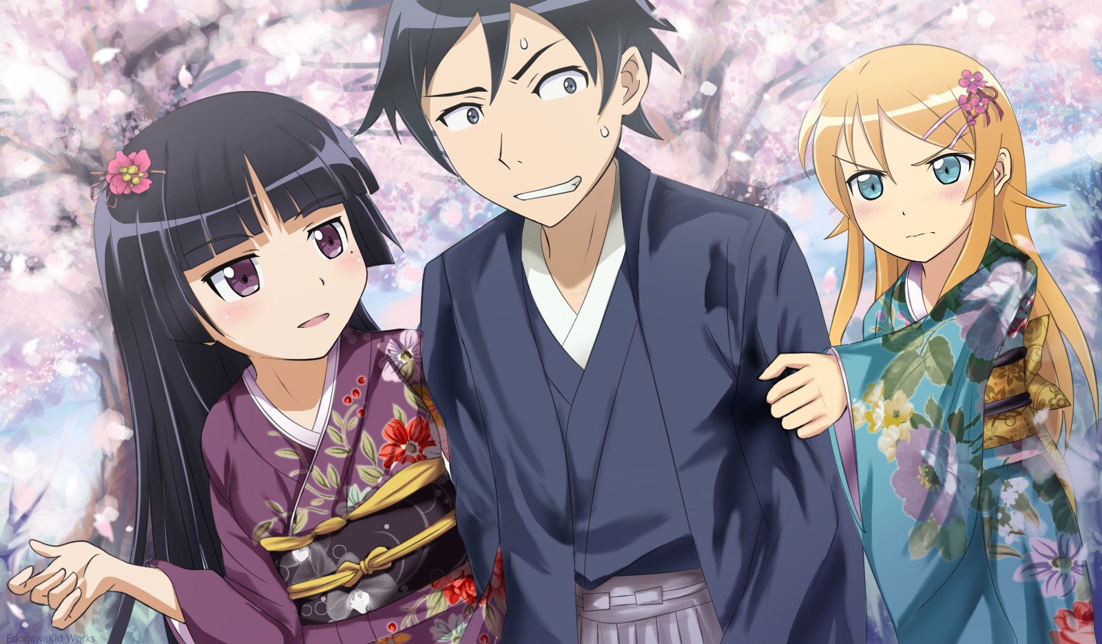 Kyōsuke Kōsaka stands between Ruri Gokō and Kirino Kousaka, all dressed in traditional attire, surrounded by cherry blossoms, capturing a moment from Ore no Imōto ga Konna ni Kawaii Wake ga Nai.