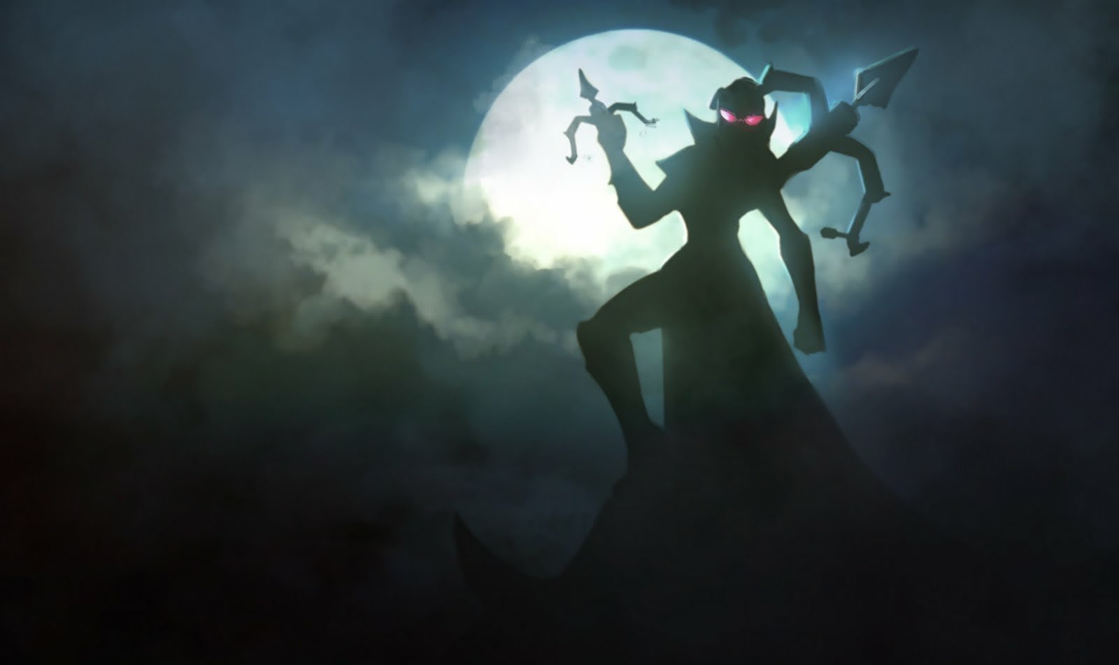 Silhouetted Vayne from League of Legends stands with her signature crossbow weapons against a foggy, moonlit night sky.