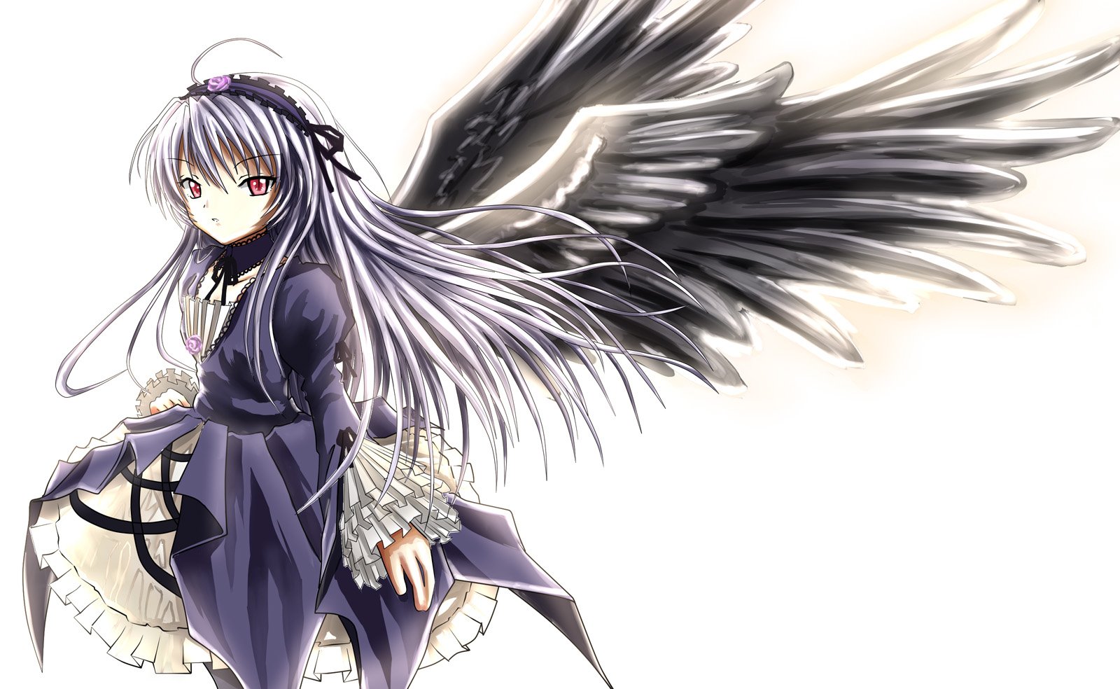 Suigintou from Rozen Maiden stands with flowing silver hair and dark feathered wings, wearing a detailed gothic-style dress against a light background.