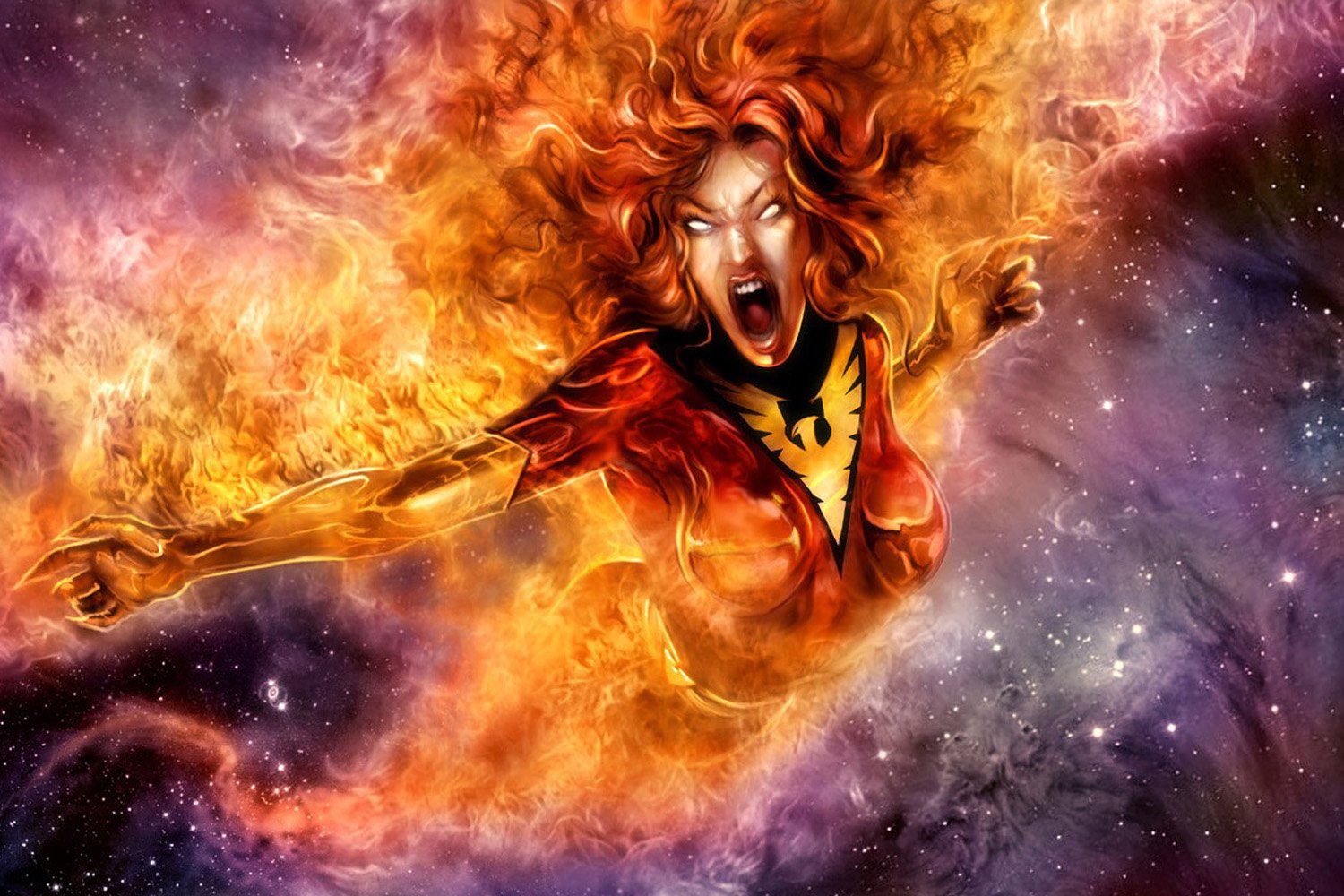 Dark Phoenix unleashes fiery cosmic power, flames engulfing her as she soars fiercely through a vibrant, star-filled galaxy.