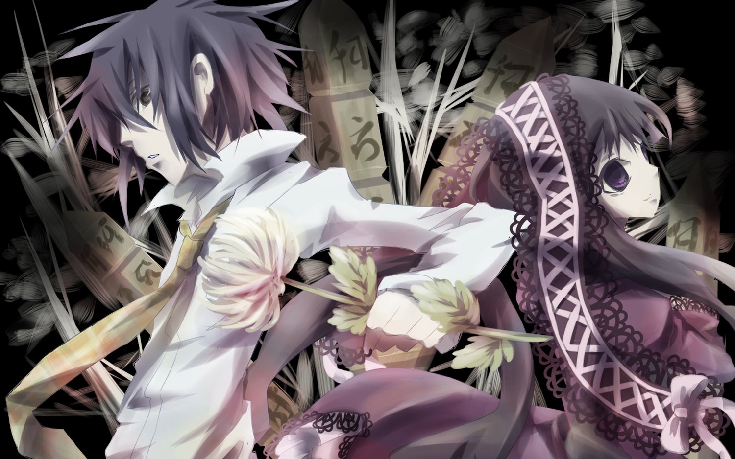Natsuno Yuuki and Sunako Kirishiki stand back-to-back against a dark, floral background, embodying the eerie aesthetic of the anime Shiki.