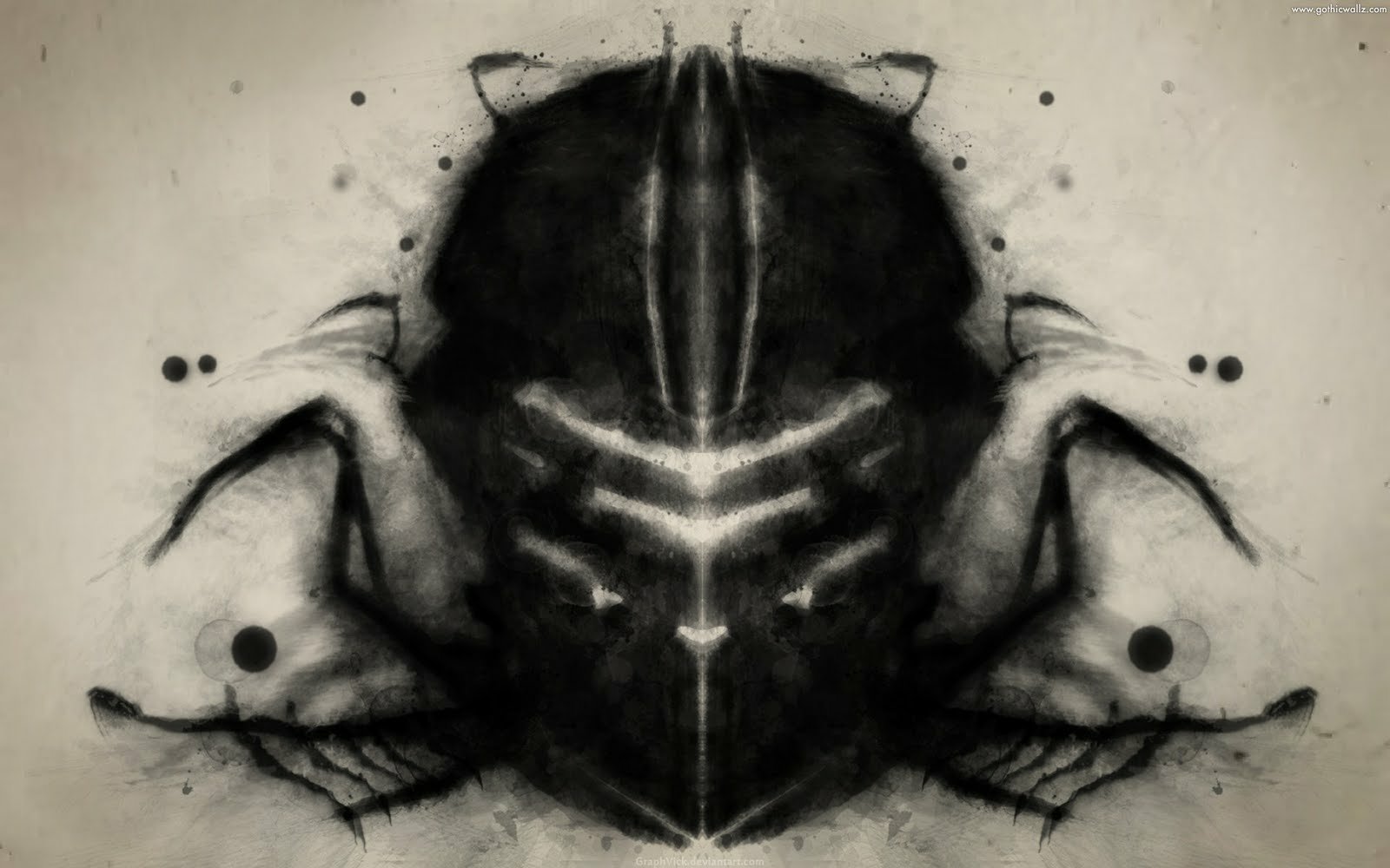 Symmetrical ink Rorschach image of a Dead Space video game necromorph mask with glowing ribbed face and spindly, insect-like limbs.