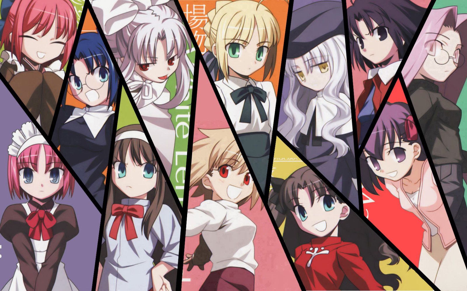 A vibrant collage features characters from the Fate series, including Yukika Saegusa, Stheno, Kaede Makidera, Saber, Rin Tohsaka, and Sakura Matou, showcasing their distinct styles and personalities.