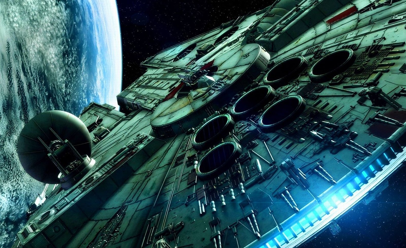 Close-up view of the Millennium Falcon flying through space with a planet visible in the background.