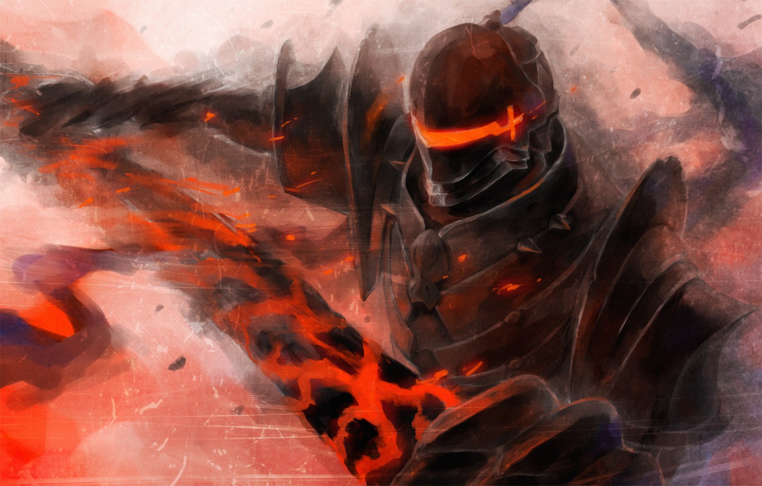 An intense artwork of Berserker from Fate/Zero, showcasing a dark-armored figure wielding a fiery blade, set against a chaotic red and gray background.