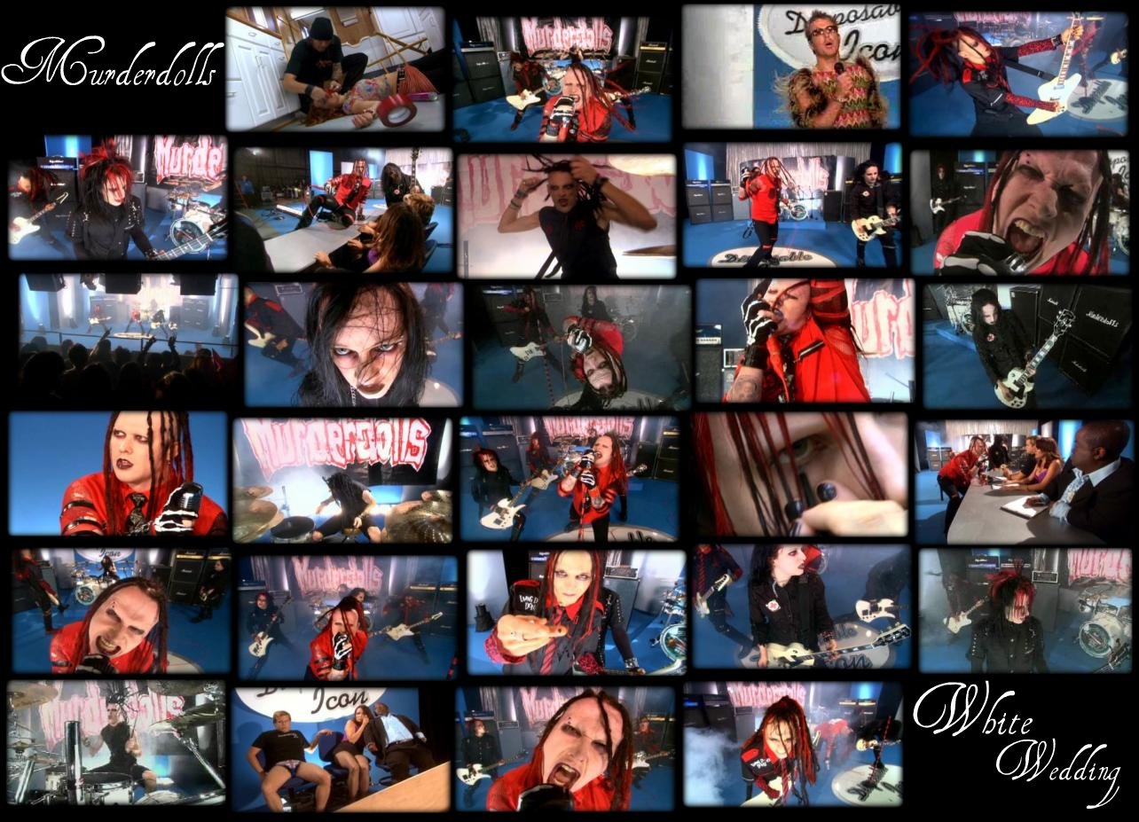 Collage of dynamic live performance and behind-the-scenes shots featuring the band Murderdolls, capturing intense music energy and concert moments.