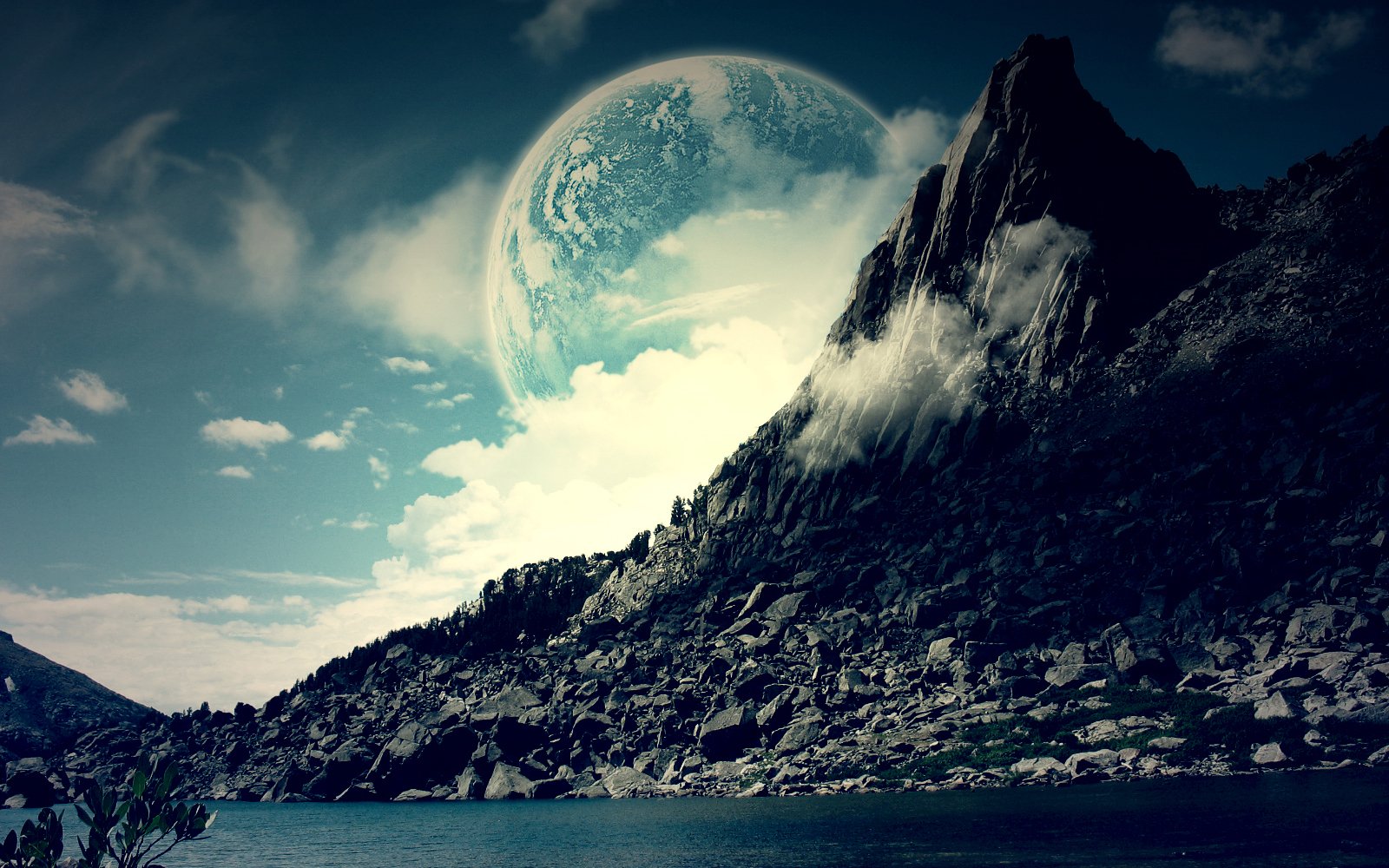 A dramatic mountain rises against a dreamy sky, featuring a large celestial body. The serene lake reflects nature's beauty in this ethereal landscape.