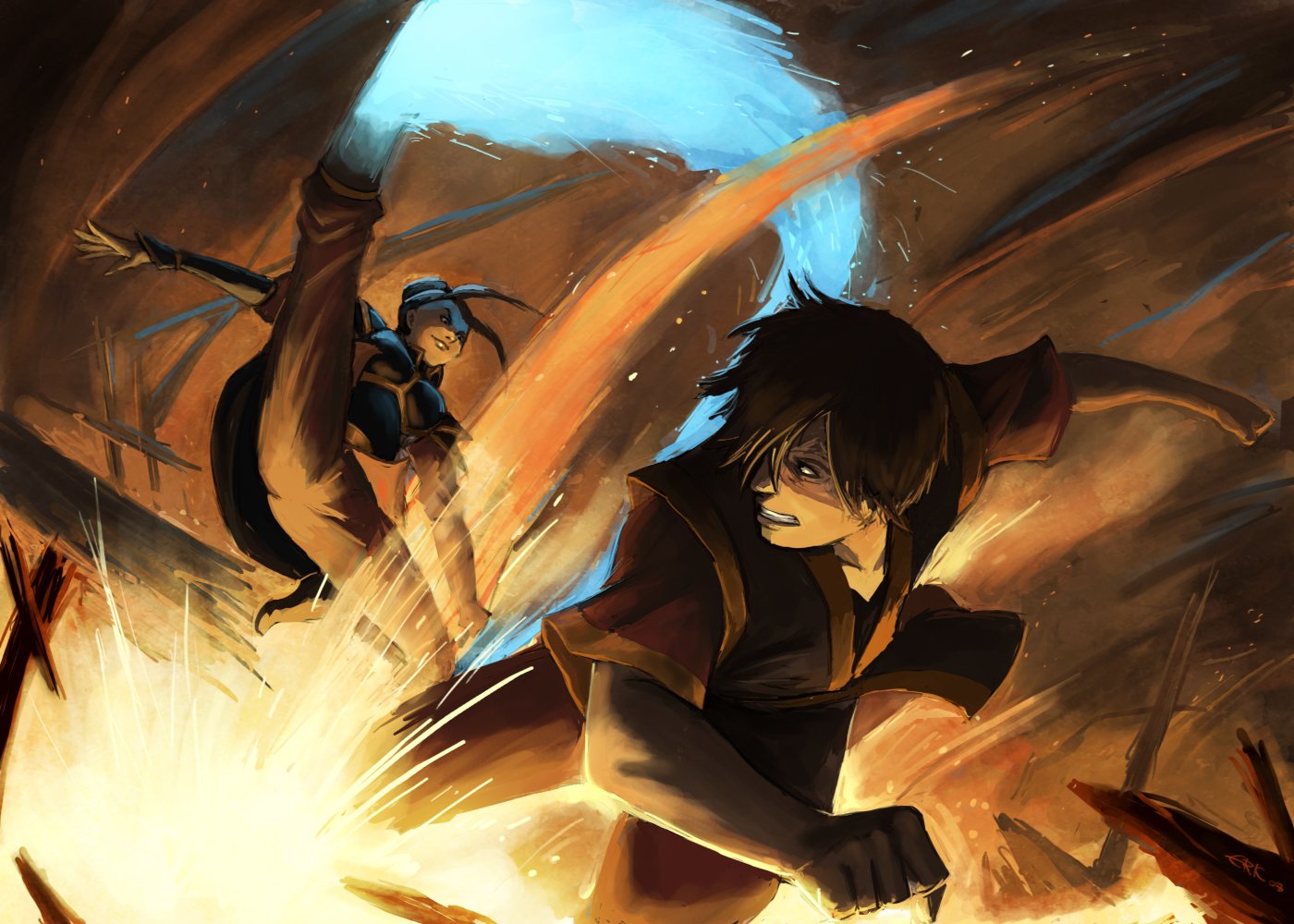 An intense battle scene from the anime Avatar: The Last Airbender, featuring two characters engaged in a dynamic fight with elemental bending and dramatic energy bursts.