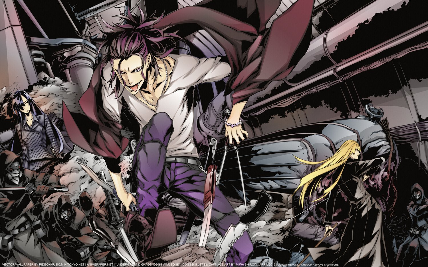 Three intense anime characters wielding swords engage in dynamic combat amid a dark, chaotic urban setting.