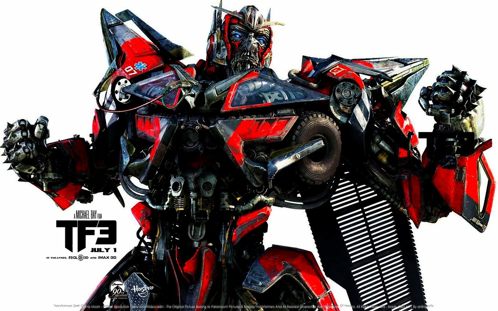 A detailed red and black Transformer robot with mechanical arms raised, featuring exposed gears and a striking armored design on a white background.