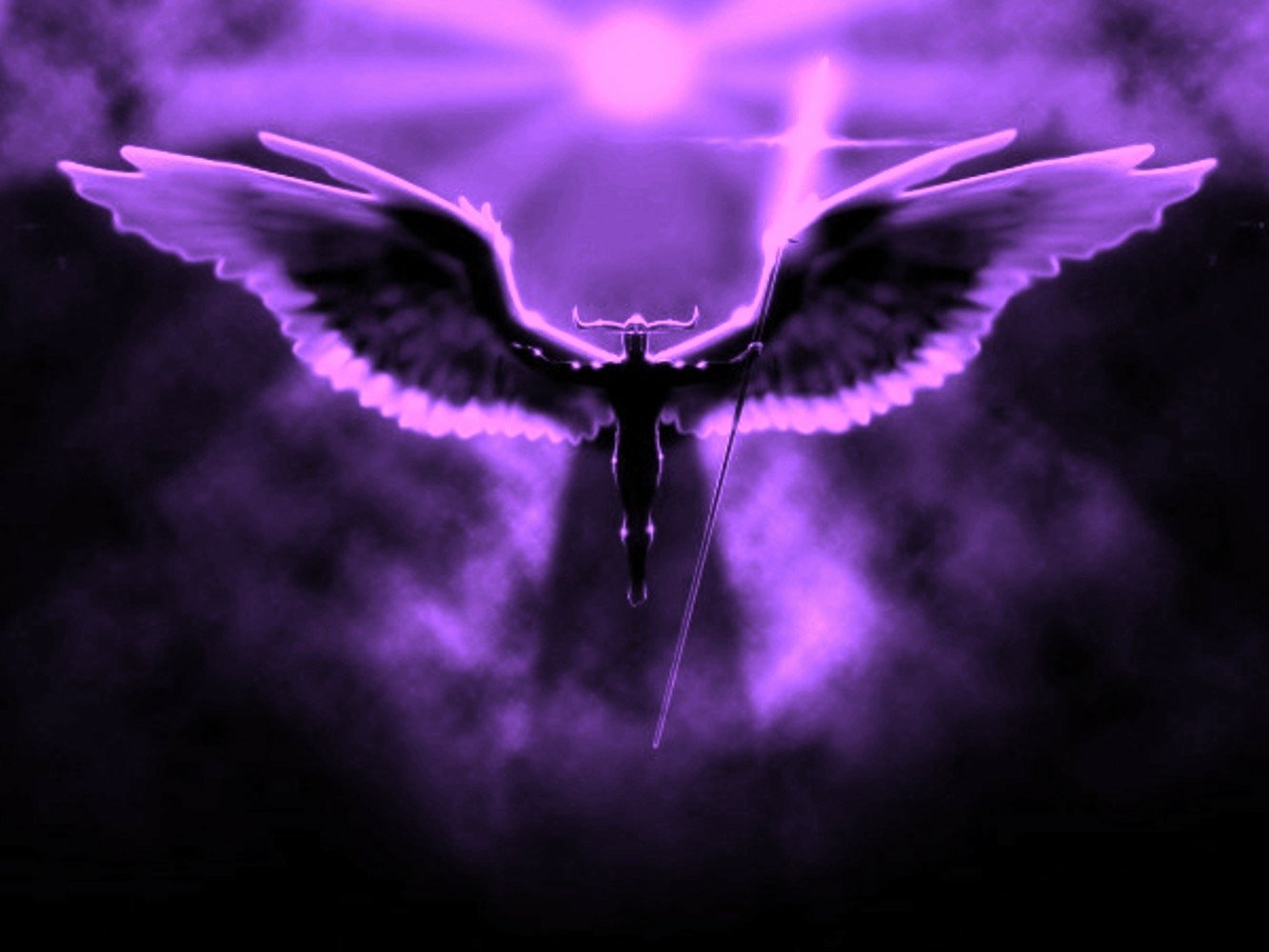 A glowing, ethereal creature with large angel wings spreads wide against a purple, misty background illuminated by a radiant light source.