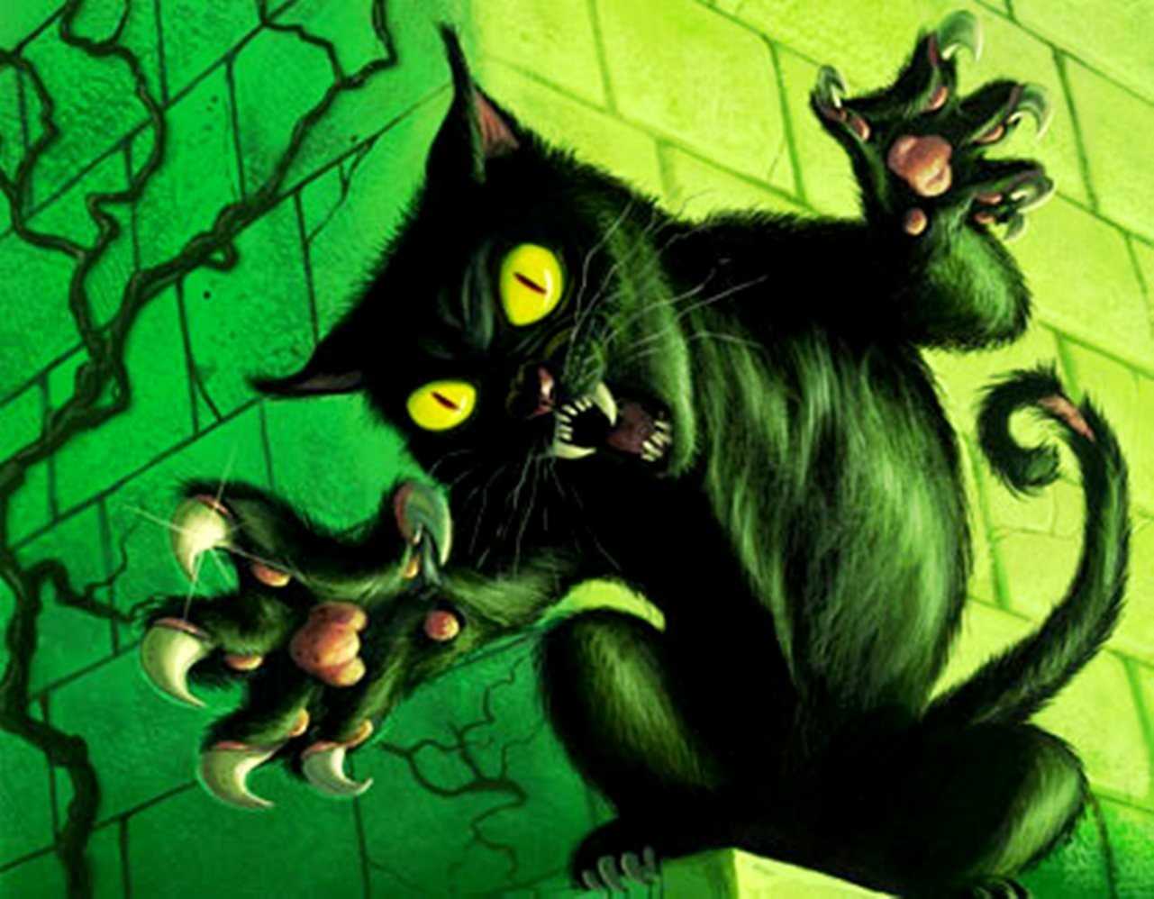 A dark, fantasy-themed black cat with glowing yellow eyes and sharp claws climbs a green, cracked wall, exuding a mysterious and captivating energy.