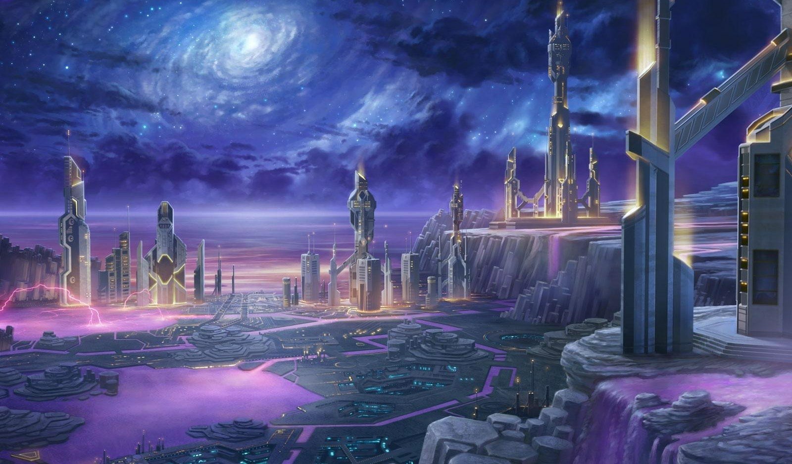Futuristic cliffside cityscape from the video game Stargate Worlds: glowing purple plazas, towering pylons, and a swirling galaxy filling the night sky