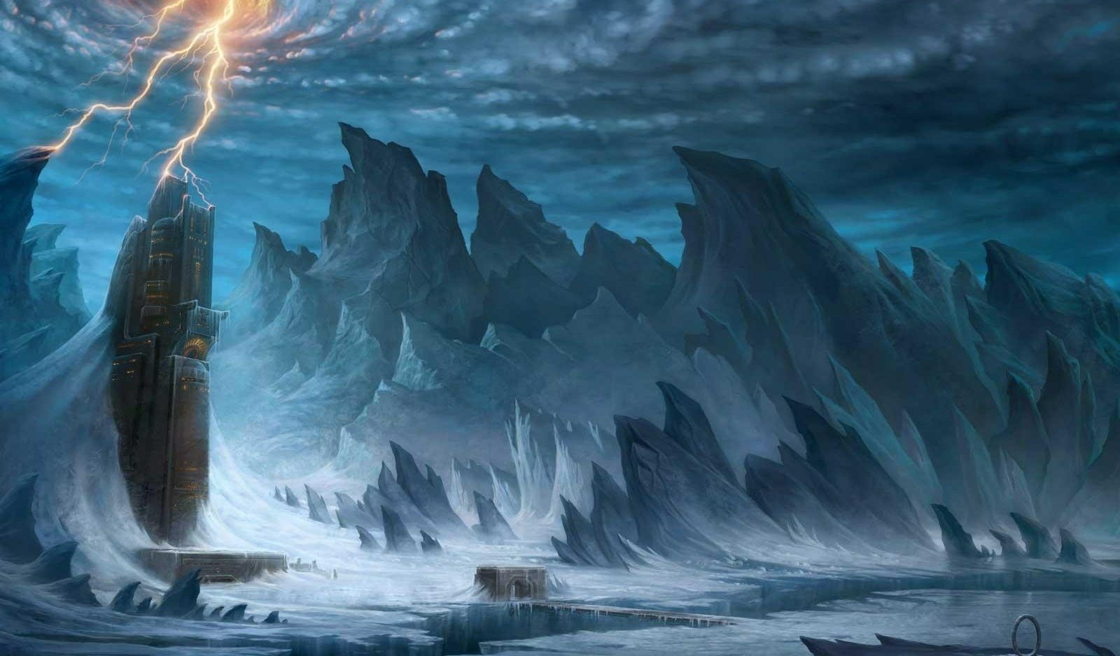 Stargate Worlds video game scene: a lightning-struck stargate stands amid jagged ice spires beneath a brooding, storm-filled sky.